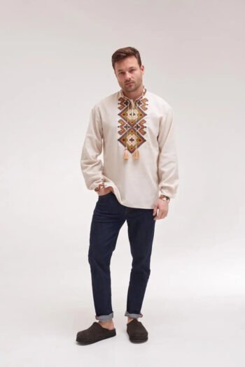 men’s cotton shirt traditional ukrainian vyshyvanka embroidery svyatoslav beige
